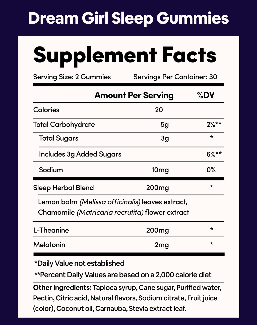 Dream Girl Sleep Gummies – Melatonin, L-Theanine, Lemon Balm & Chamomile | 60 Gummies