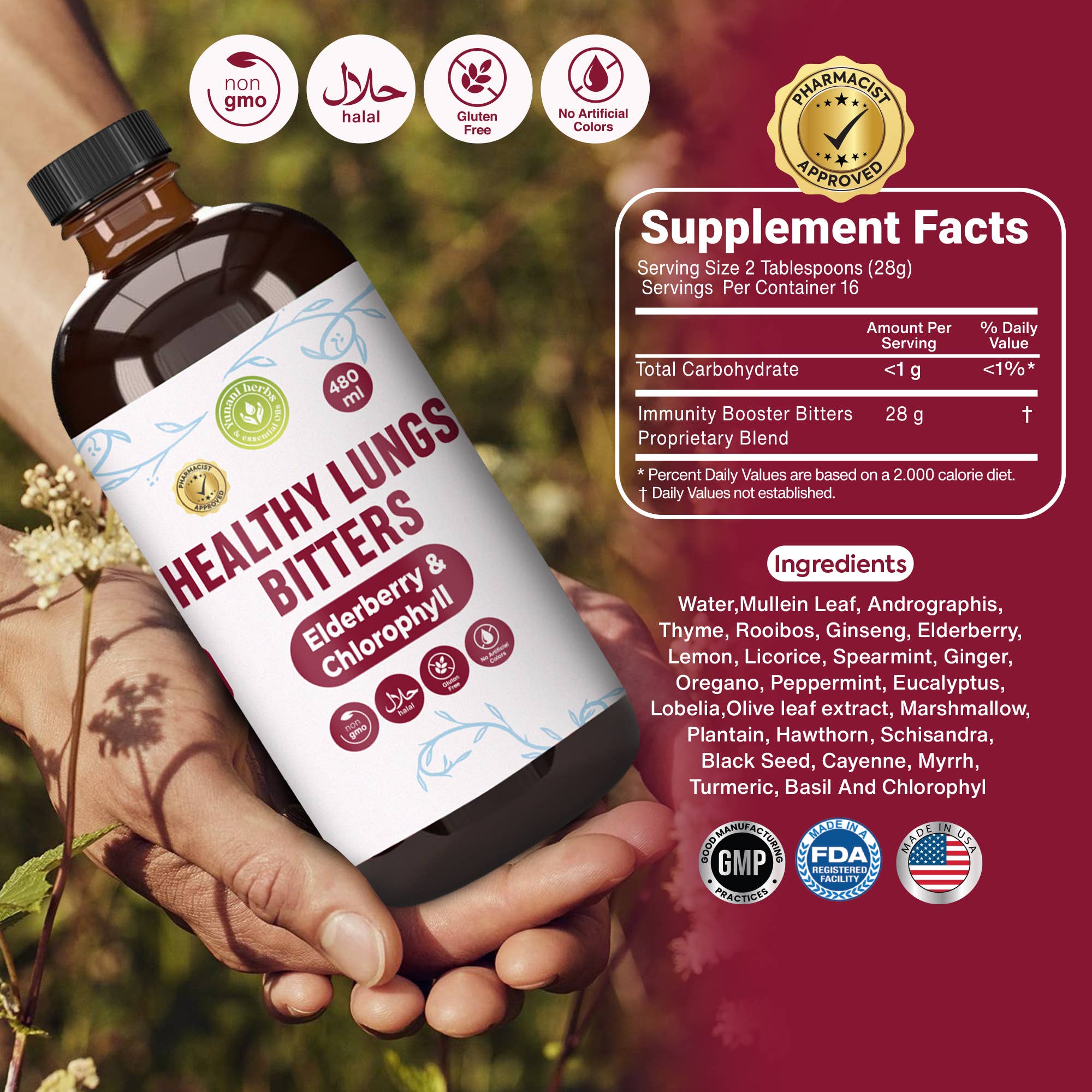 Herbal Lung Detox & Respiratory Support Bitters with Elderberry and Chlorophyl