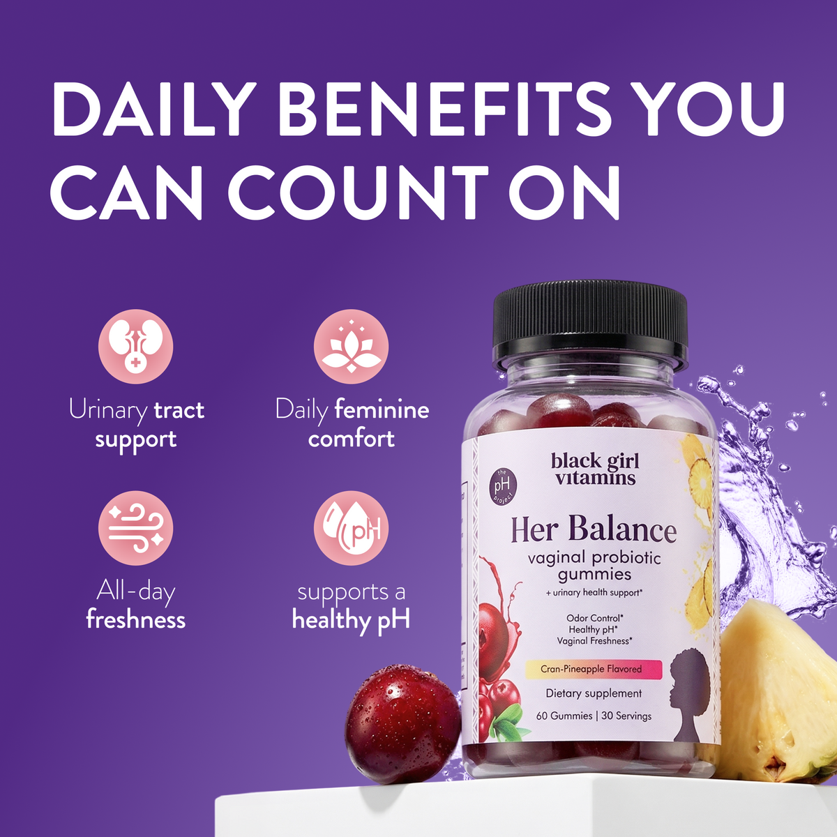Her Balance Vaginal Probiotic Gummies – pH, Freshness & Urinary Support | Cran-Pineapple
