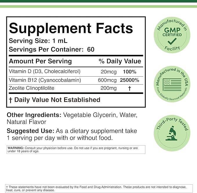 Zeolite Drops | Liquid Clinoptilolite with Vitamin B12 & Vitamin D for Daily Wellness