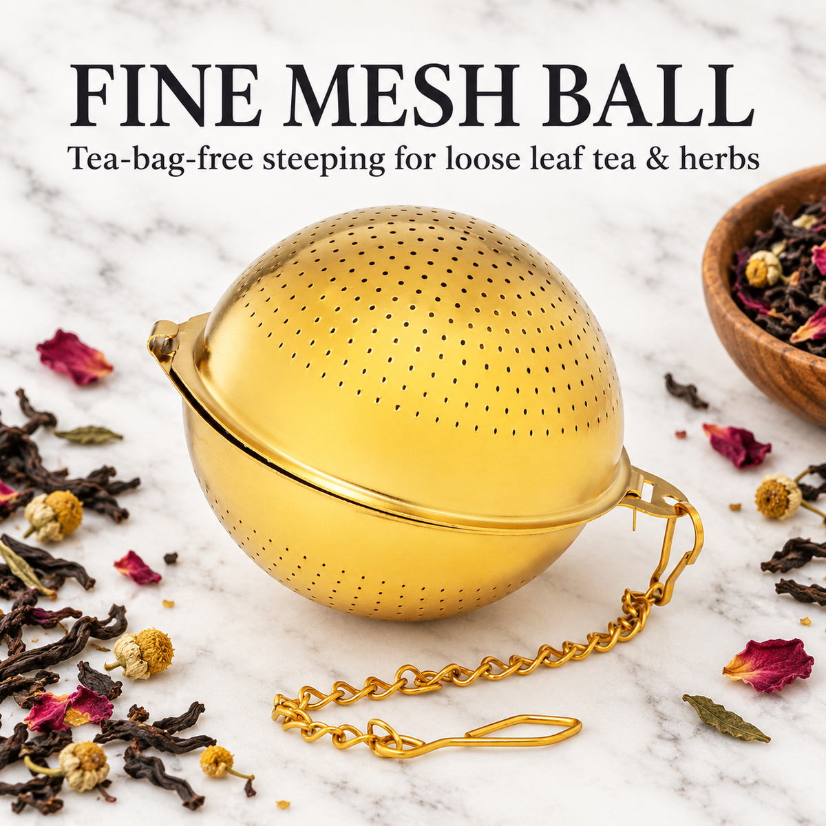 Gold Fine Mesh Tea & Herb Infuser Ball – Reusable Loose Leaf Tea Strainer