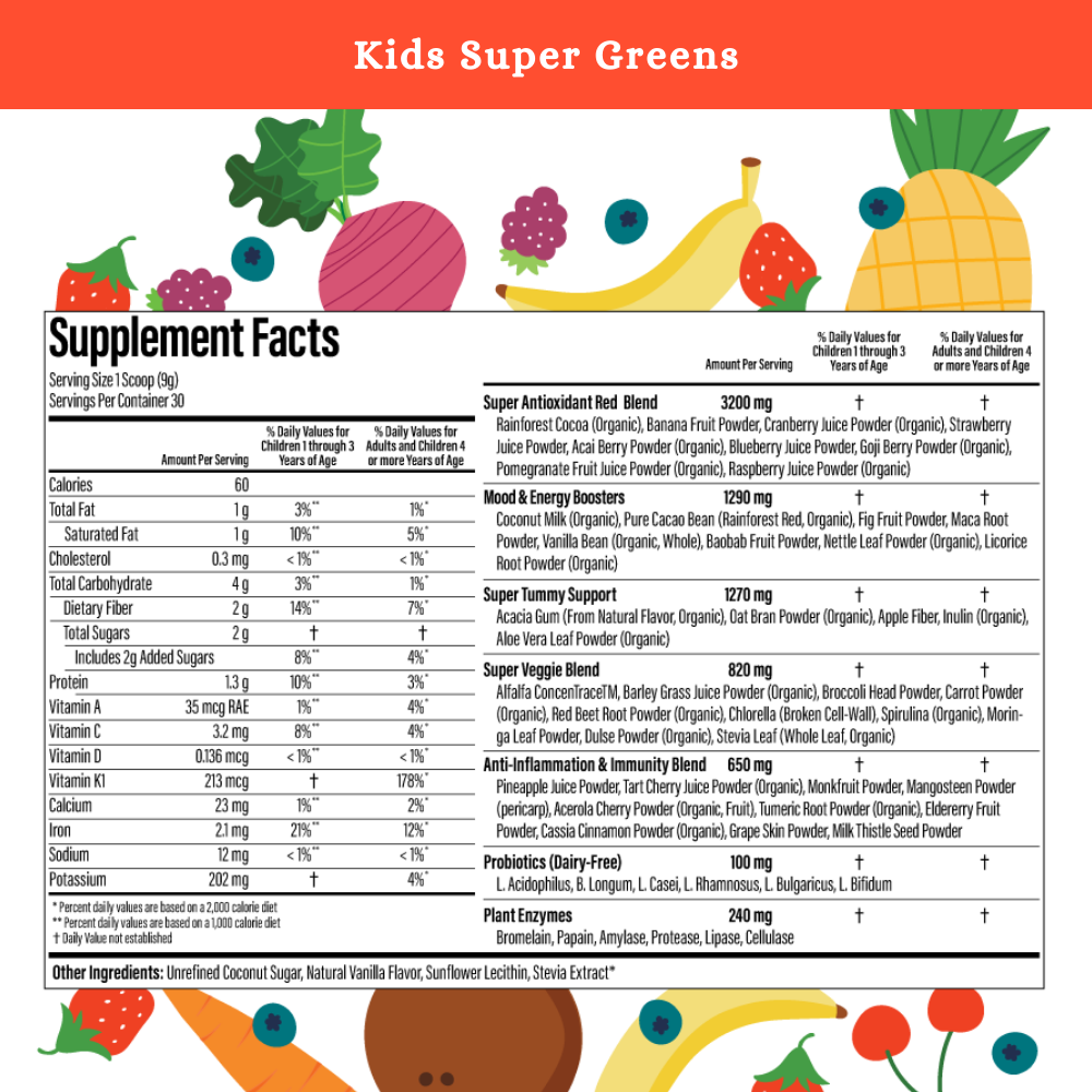 Kids Daily Super Greens Chocolate | 40+ Superfoods & Probiotics | 9.5 oz