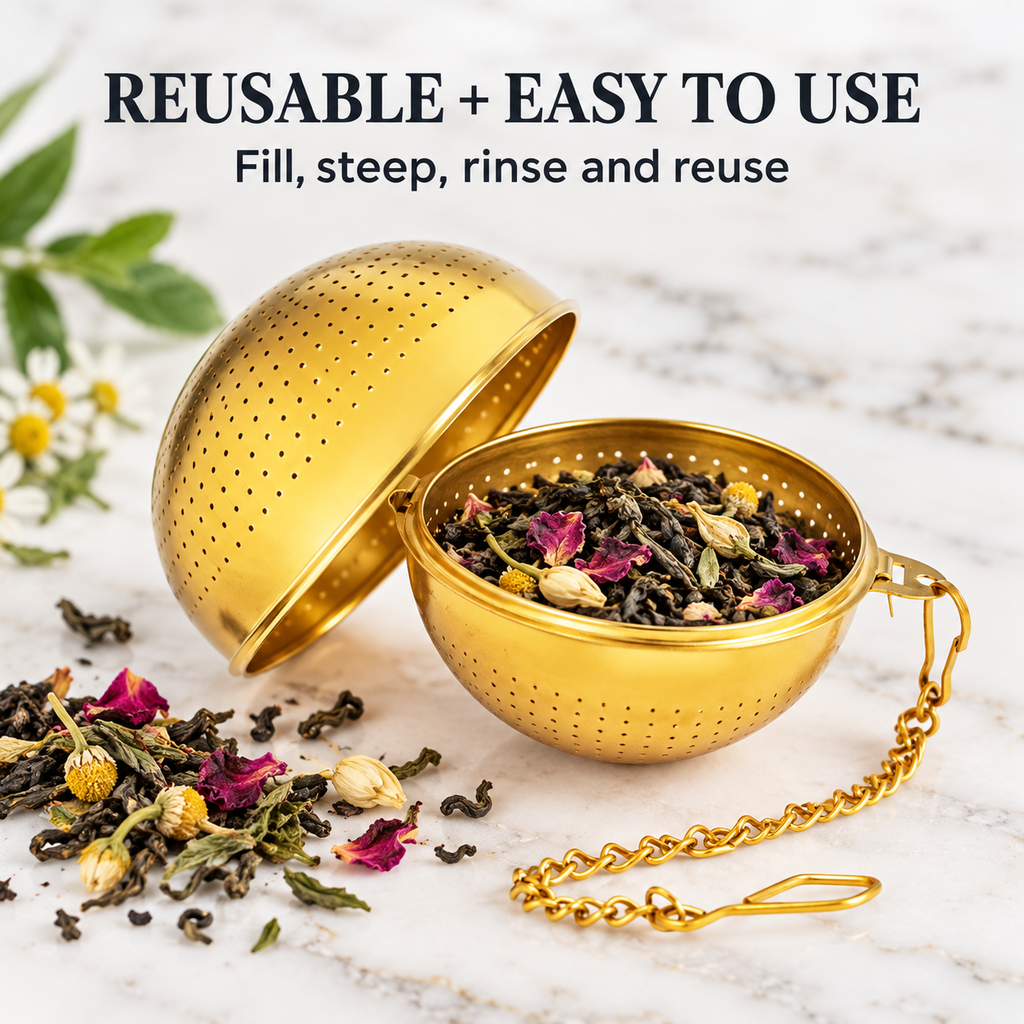 Gold Fine Mesh Tea & Herb Infuser Ball – Reusable Loose Leaf Tea Strainer